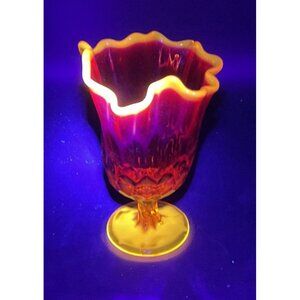 Vtg Fenton Art Glass Vase Thumbprint Amberina Handkerchief Swung w/ Pedestal